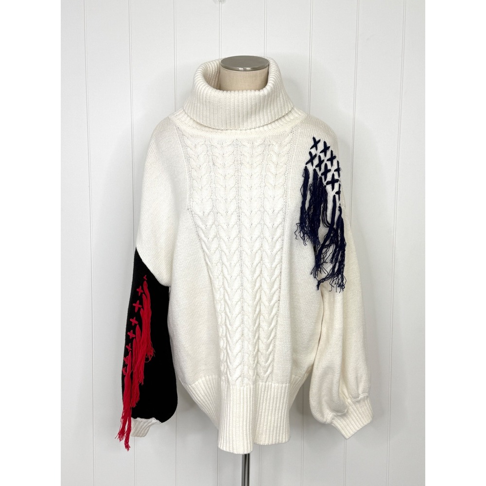 Spanner Cable Knit Fringe Turtleneck Sweater Women Size Unknown Ivory Artsy